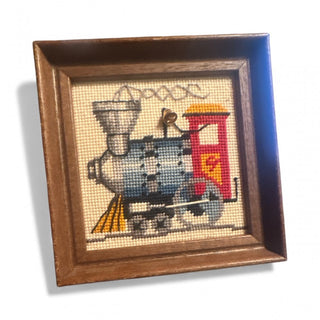 Vintage Framed Train Needlepoint Crewel Embroidery Picture Steam Engine w bell 6.4" X 6.4" #62 VV MTS