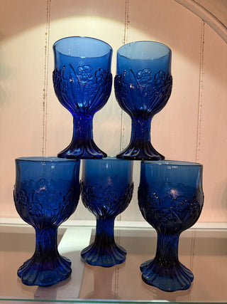 Set of 5 Vintage Imperial Glass Ohio Flower Fair Blue Water Goblet RCD