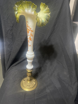 Fenton Gold Crest Milk glass crimped ruffle vase with brass stand rsv