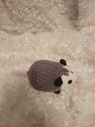 Opossum: Crocheted gray, black, white, pink. 8 inches.
