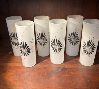 6pc VTG Black floral hand painted frosted glass tumblers NM MTS