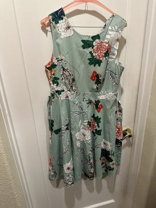 Large Women's Green Floral Butterfly Sleeveless Dress fit & Flare #47 VV MTS