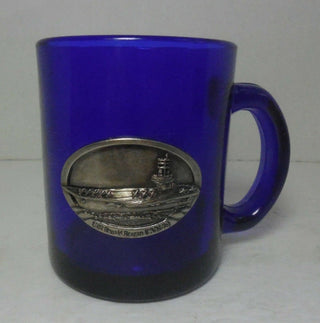 USS Ronald Reagan CVN-76 Cobalt Blue Glass Coffee Mug / cup with Pewter plaque#47 VV MTS