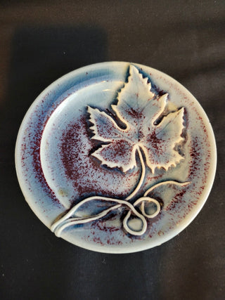 Majolica Raised Grape Leaf Plate, 5-1/2" Blue Glaze, Signed RCD