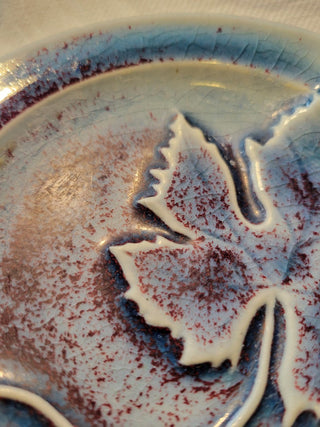 Majolica Raised Grape Leaf Plate, 5-1/2" Blue Glaze, Signed RCD