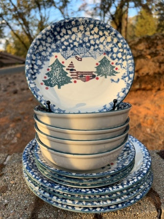 SET OF 12 Cabin in the Snow stoneware dinnerware by Tienshan Folk Craft