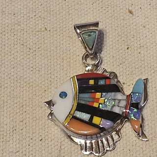 Sterling signed inlaid stones fish pendant