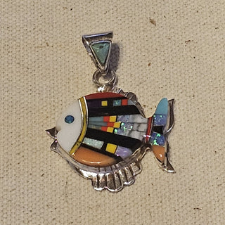 Sterling signed inlaid stones fish pendant