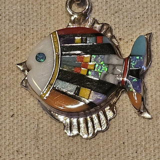 Sterling signed inlaid stones fish pendant
