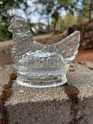 vintage collectible is a clear glass "Chicken on the Nest" candy container