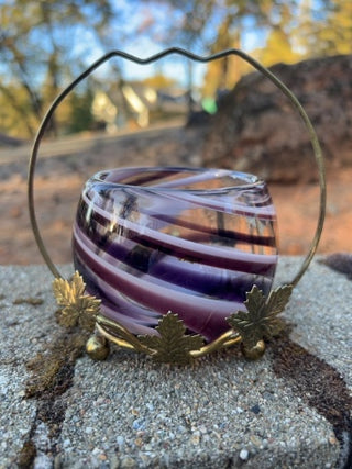 JP purple-and-white swirled art glass votive or tealight candle holder brass stand