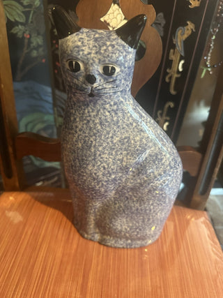 Vintage Blue Calico China Cat Figurine Spongeware #62 VV MTS