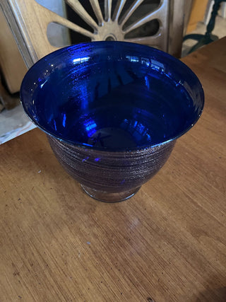 Art Glass Cobalt Blue w/Gold Swirl Iridescent Footed Vase. RSV