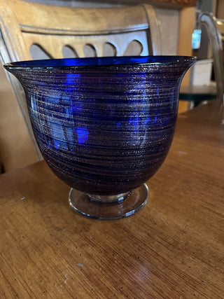 Art Glass Cobalt Blue w/Gold Swirl Iridescent Footed Vase. RSV
