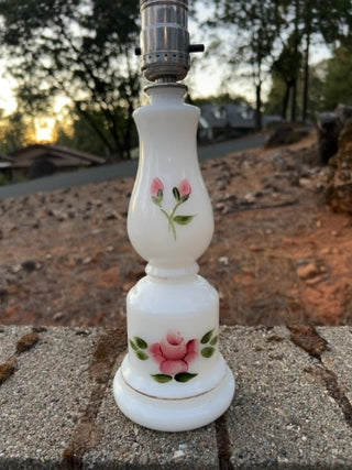 vintage boudoir lamp hand-painted pink rose designs on white milk glass