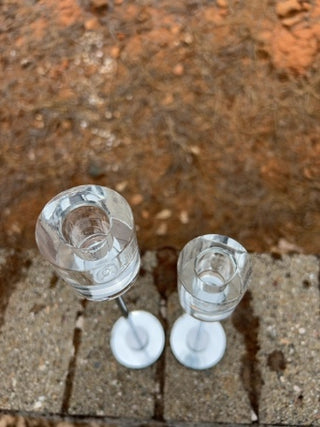 Pair tall clear glass and acrylic candlesticks sleek silver-finished stem