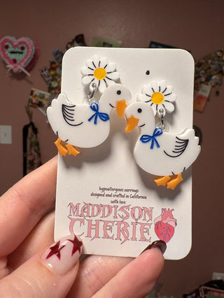 Duck with Blue Bow Flower Post Earrings MTS|122311