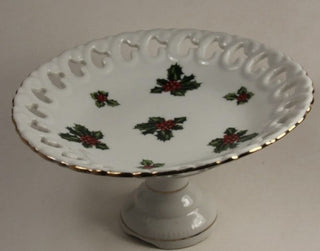 Vintage Lefton Compote Pedestal Christmas Holly Berries Candy Dish -RSV|131854