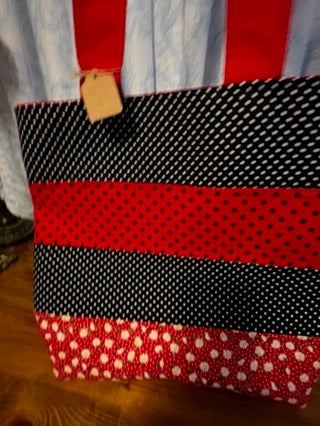 Handmade red tote, panels,  fully lined