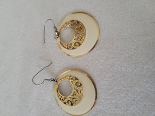 Vintage Cream Color Enamel & Filigree Round Drop Earrings RCD