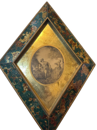 Vtg. Florentine Crackled Glass Mirror w/ N. Lancret print in middle 13" x 18.5" RCD|62643