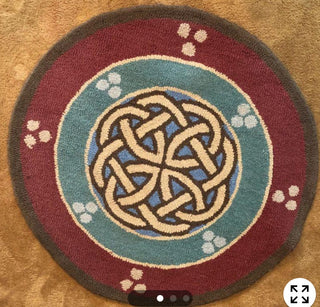 Vintage Rug Round Celtic Symbol 36" Red Turquoise Brown #63 VV MTS|98639