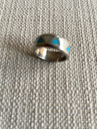 Vintage Inlay Turquoise And Mother Of Pearl Silver Band Ring  Size 7