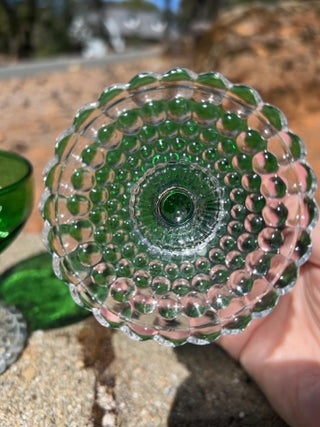 SET OF 3 Anchor Hocking Emerald Green Bubble Feet Champagne / Sherbet Glasses