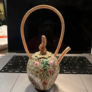 Vintage Cloisonne Apple mini tea pot fruit pear gold red grapes enamel #62 VV MTS|69047