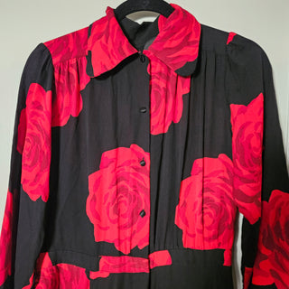 Women's - Co. | Black Long-sleeved Buttoned Dress w/ Red Rose Florals (M/L)