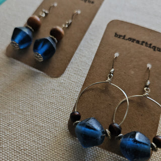 SALE - bri.craftique - Blue Recycled Java Glass + Wood Earrings