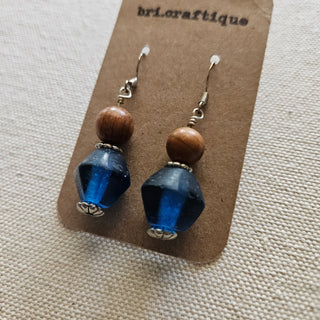 SALE - bri.craftique - Blue Recycled Java Glass + Wood Earrings