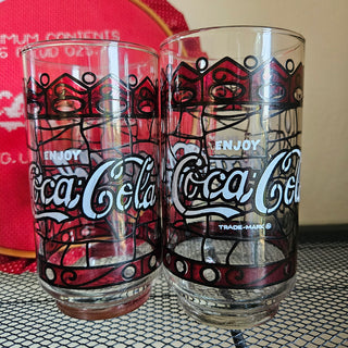 SALE - Vintage Coca-Cola Stained Glass Style Glasses - Set of 2