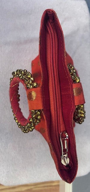 EMBROIDERED INDIAN RAW SILK PURSE, ORANGE WITH BEADED HANDLES|64855