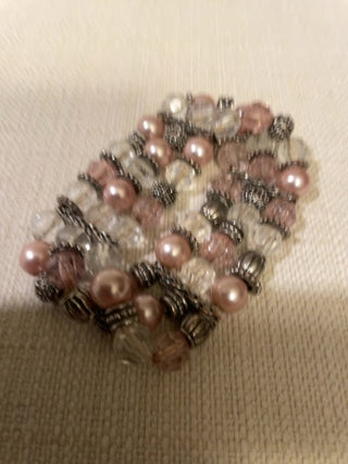Pink clear, silver bead stretch bracelet three strands