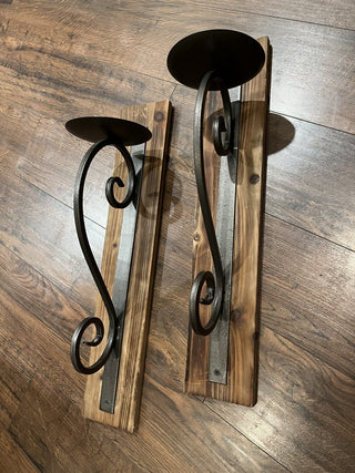 Pair of Large, Rustic Wood & Wrought Iron Hanging Candle Holders RCD