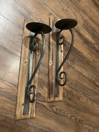 Pair of Large, Rustic Wood & Wrought Iron Hanging Candle Holders RCD