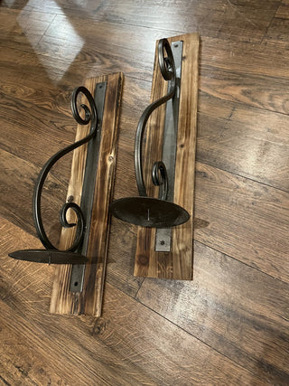Pair of Large, Rustic Wood & Wrought Iron Hanging Candle Holders RCD