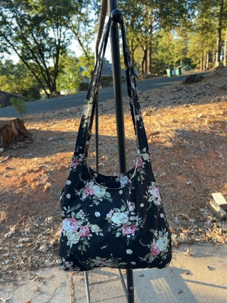 Magnolia floral black denim shoulder bag