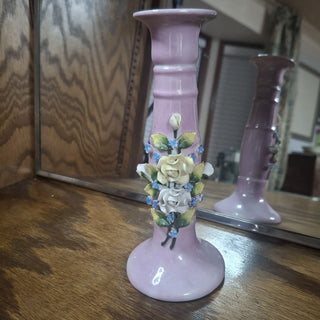 Vtg Germany Lusterware Purple Floral Candlestick RCD *