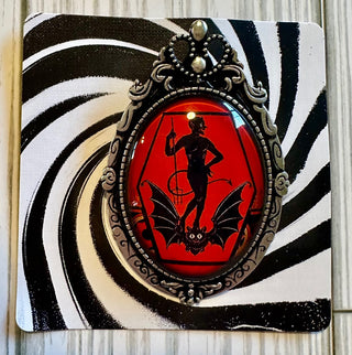 Victorian Brooch: Devil & Bat w/Silvertone Bezel  RCD|117490