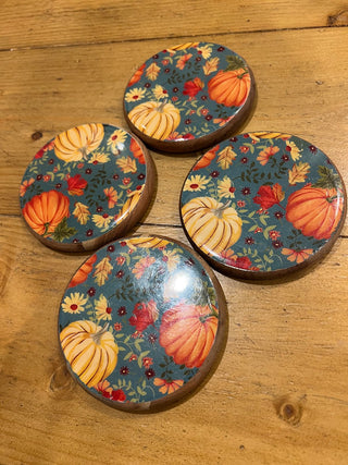 Vtg. Fall Wooden Coaster Set MTS