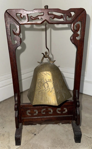 Vintage Asian Brass Bell Gong Hand Carved Wooden Stand Approx. from 1890-1910 #63 VV MTS