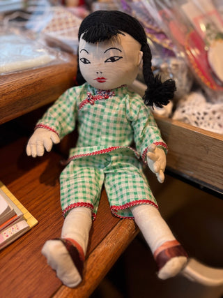 Ada Lum Chinese Cloth Doll -green gingham outfit w/cloth shoes 13"