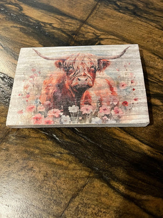 Floral Rustic Bull  Design on Wood Block RSV