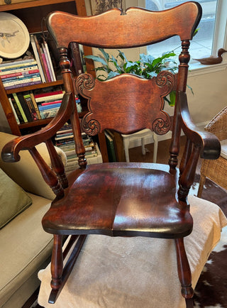 PRICE REDUCTION - WAS $145 ANTIQUE MAHOGANY ROCKER HAND-CARVED BACK     LOVELY RICH WOOD TONE VICTORIAN STYLE WITH SCROLLED ARMRESTS & CONTOURED SEAT IN EXCELLENT ANTIQUE CONDITION SOME WEAR TO SEAT AS PICTURED PICK UP IN STORE ONLY (KJS) RCD