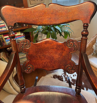 PRICE REDUCTION - WAS $145 ANTIQUE MAHOGANY ROCKER HAND-CARVED BACK     LOVELY RICH WOOD TONE VICTORIAN STYLE WITH SCROLLED ARMRESTS & CONTOURED SEAT IN EXCELLENT ANTIQUE CONDITION SOME WEAR TO SEAT AS PICTURED PICK UP IN STORE ONLY (KJS) RCD