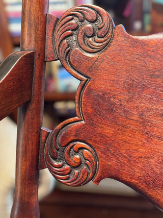 PRICE REDUCTION - WAS $145 ANTIQUE MAHOGANY ROCKER HAND-CARVED BACK     LOVELY RICH WOOD TONE VICTORIAN STYLE WITH SCROLLED ARMRESTS & CONTOURED SEAT IN EXCELLENT ANTIQUE CONDITION SOME WEAR TO SEAT AS PICTURED PICK UP IN STORE ONLY (KJS) RCD