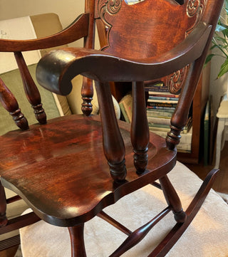 PRICE REDUCTION - WAS $145 ANTIQUE MAHOGANY ROCKER HAND-CARVED BACK     LOVELY RICH WOOD TONE VICTORIAN STYLE WITH SCROLLED ARMRESTS & CONTOURED SEAT IN EXCELLENT ANTIQUE CONDITION SOME WEAR TO SEAT AS PICTURED PICK UP IN STORE ONLY (KJS) RCD