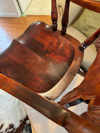PRICE REDUCTION - WAS $145 ANTIQUE MAHOGANY ROCKER HAND-CARVED BACK     LOVELY RICH WOOD TONE VICTORIAN STYLE WITH SCROLLED ARMRESTS & CONTOURED SEAT IN EXCELLENT ANTIQUE CONDITION SOME WEAR TO SEAT AS PICTURED PICK UP IN STORE ONLY (KJS) RCD